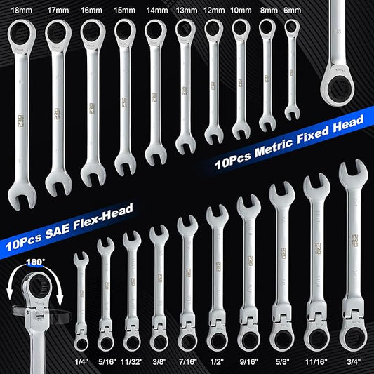 Prostormer Ratcheting Combination Wrench Set, 20-Piece SAE & Metric Wrench Kit with Pouch, 72-Tooth, Cr-V Steel, 10Pcs Flex-Head 1/4" to 3/4" & 10Pcs Fixed Head 6-18mm