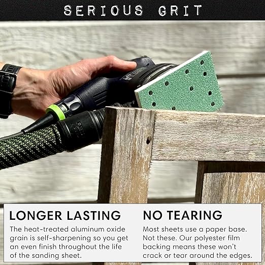 Serious Grit - 3" x 5" (80mm x 133mm) 14-Hole 150 Grit Sanding Sheets - Fits Festool RTS 400 & Mirka Deos 353 - Heavy-Duty Hook & Loop Film Abrasives - Sandpaper for Sheet Sanders - 50 Pack Box