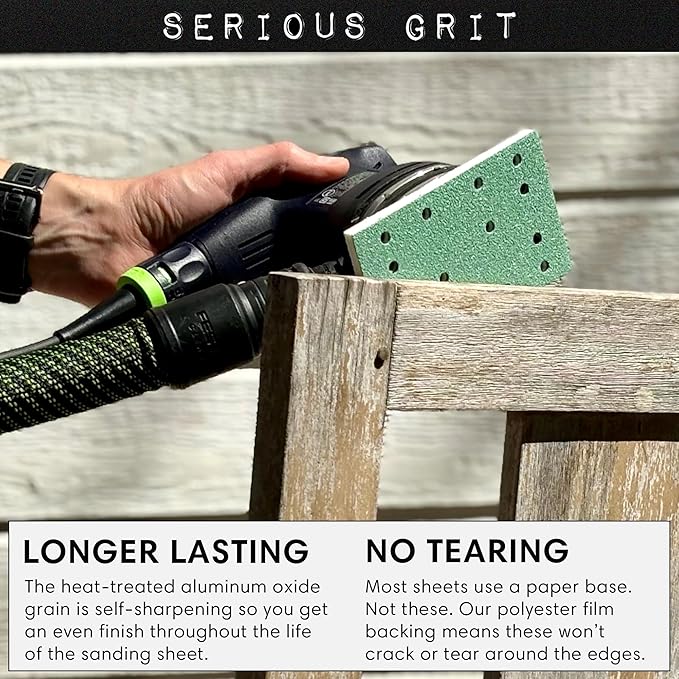 Serious Grit - 3" x 5" (80mm x 133mm) 14-Hole 40 Grit Sanding Sheets - Fits Festool RTS 400 & Mirka Deos 353 - Heavy-Duty Hook & Loop Film Abrasives - Sandpaper for Sheet Sanders - 25 Pack Box