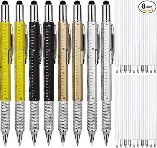 Zhanmai 8 Pcs Multitool Pens 6 in 1 Multi-tool Pen Set with Refills for Men's Birthday Gifts, Christmas Stocking Stuffers for Men Dad Husband (Gold,Black,Silver,Yellow)
