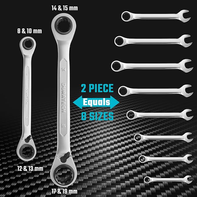 DURATECH 4-in-1 Reversible Ratcheting Box Wrench Set, Double Box End, Metric, 2-Piece, 8, 10, 12, 13 & 14, 15, 17, 19 mm, CR-V Steel, Matte Chrome Plated, with Rolling Pouch