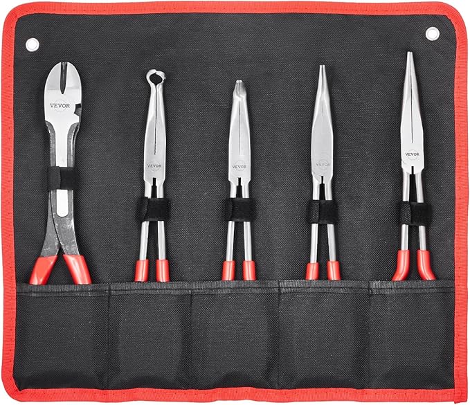 VEVOR 5-Piece Needle Nose Pliers, 11 in Long Needle Nose Pliers Set, Diagonal Cutting Pliers, 45째/ 90째 Bent Nose Plier, Round Nose Plier, Long Nose Plier, Professional Pliers Set with Storage Bag