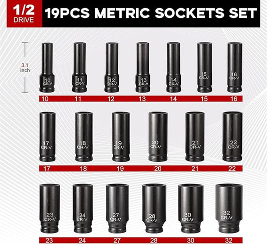 Aloanes 25-Piece 1/2" Drive Socket Set, Metric(10mm-32mm), Deep Sockets, 1/2" F to 3/8" M Reducer,3/8" F to 1/2" M Reducer, Universal Joint, Extension Bars, 6 Point, Cr-V