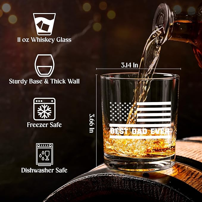 Christmas Birthday Gifts for Dad from Daughter Son - 11 oz Engraved Crystal Whiskey Glasses - Gifts for Dad Who Wants Nothing, Men Birthday Ideas