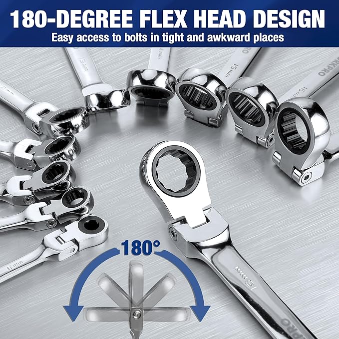 WORKPRO 22-Piece Ratcheting Wrench Set, Flex-Head Ratchet Combination Wrench Sets with Organizer Box, 72 Teeth, Metric 6-18mm & SAE 1/4-3/4"