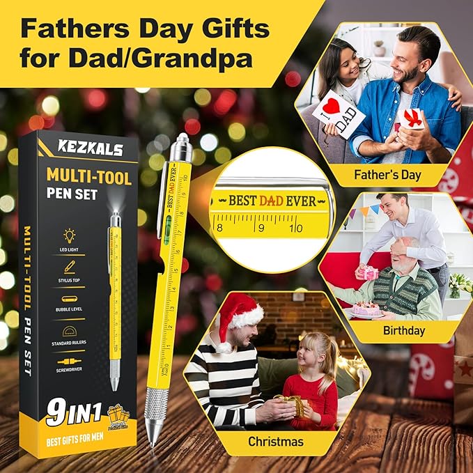 KEZKALS Gifts for Dad, 9 in 1 Multitool Pen Gifts for Men, Mens Stocking Stuffers for Adults, Mens Gifts for Him Grandpa, Personalized Dad Gifts for Men, Christmas Gifts for Men's Who Have Everything