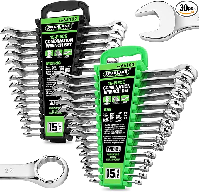 SWANLAKE GARDEN TOOLS 30-Piece Combination Wrench Set, Metric & SAE (8-22mm & 1/4??to 1-1/16??,12-Point Open End Standard Wrench Set, Mechanics Wrenches Sets, Chrome Vanadium Steel with Storage Rack