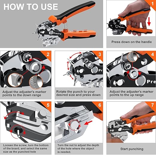 Preciva Hole Punch Plier, Revolving Punch Hole Tool with V-Shaped Cutting Edge Design, 6 Hole Sizes & 20cm Stainless Steel Ruler for Leatherr, Belts, Thin Iron Sheets, Paper Cards, Plastics & Fabrics