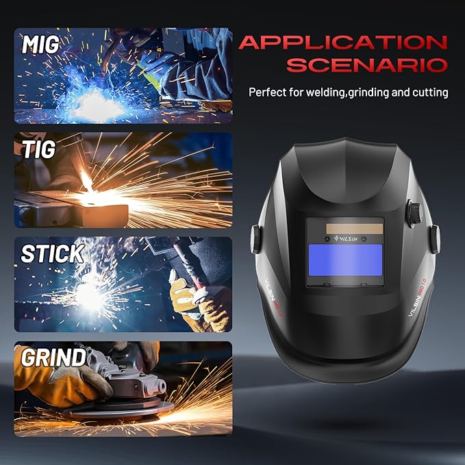 VILSIN Welding Helmet Auto Darkening Solar Powered Welding Hood With 2 Arc Sensor,Wide Shade 3/4-8/9-13 for TIG MIG ARC Weld Grinding Welder Helmet,Black