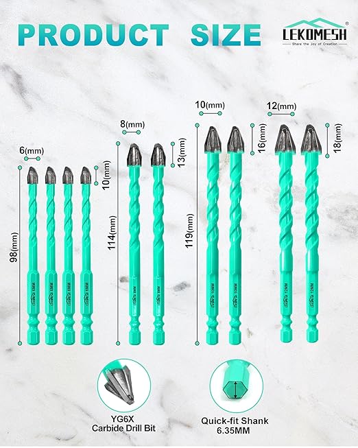 10PCS Nine Blades Serrated Carbide Masonry Drill Bit Set - 1/4"*4, 5/16"*2, 3/8"*2, 1/2"*2 Wood Drill Bits for Wood Plastic Masonry Brick Tile Glass Concrete Marble