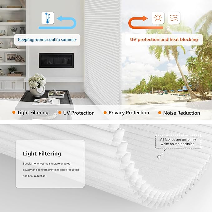 LazBlinds No Tools No Drill Cordless Cellular Shades, Top Down Bottom Up (TDBU) Honeycomb Shades for Home, Light Filtering Thermal Insulation Blinds for Windows, 48" W x 72" H, White