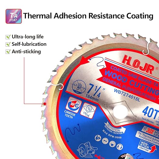 2-Pack 7-1/4" 40-Tooth 5/8" Arbor Circular Saw Blade, Framing/Universal Wood Cutting Saw Blade, Special Anti-Thermal Adhesion Coating on Cutting Edge-TA, 7-1/4" 40T 5/8"