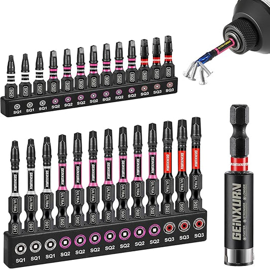 Impact #1#2#3 Square Screwdriver Bits Set, 26pcs 1??2??(SQ1/SQ2/SQ3) Magnetic S2 Steel Driver Bits Set and 1pc Impact Bit Holder with Color Coded Base