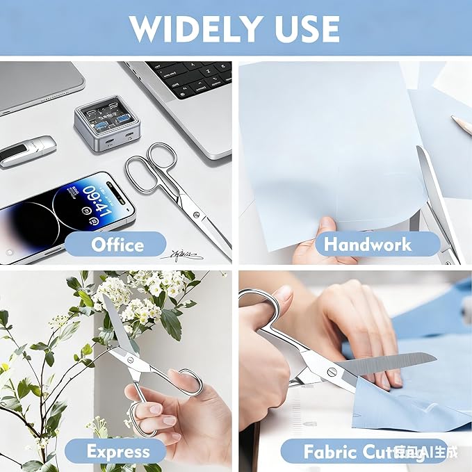 Silver Scissors for Office Multipurpose Stylish: 7 inch - Comfort Grip - Stainless Steel - Scissors with Home - School - for Cutting Paper - Open Envelopes - Cut Tape (Scissors for Office)