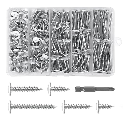 190 PCS #8 Modified Truss Head Wood Screws Assortment Kit, White Head Quick Metal Self Tapping Screws, Phillips Drive, Screwdriver Bit Included, 5 Sizes (1/2", 3/4", 1", 1-1/4", 2")
