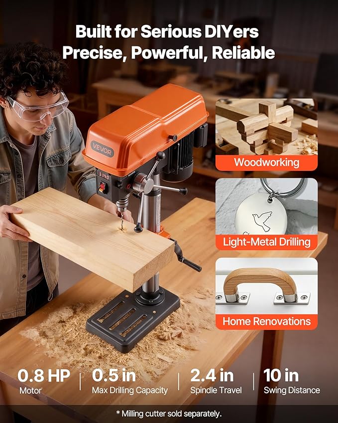 VEVOR 10-Inch Benchtop Drill Press, 5 Amp, 0.8 HP 600W Bench Drill Press, 530-3140 RPM Variable Speed, 0-45째 Tilting Worktable, with Laser and LED Work Light, Tabletop Drilling Machine, for Wood Metal