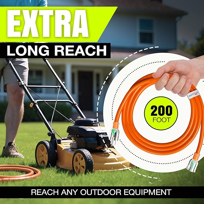 200ft Outdoor/Indoor Extension Cord 14/3 Gauge Heavy Duty 3 Prong SJTW, Waterproof, Flexible Cold-Resistant Long Power Cord,7A 125V 875W, Orange by LifeSupplyUSA