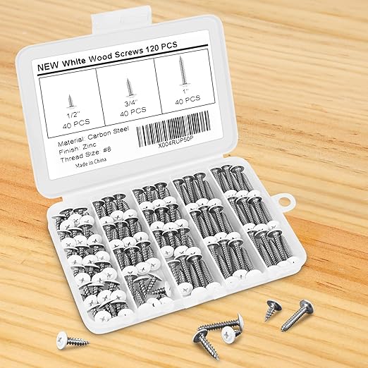120 PCS #8 Phillips Truss Head White Wood Screw Assortment - Self-Tapping Fasteners for Wall Plates & Woodworking (1/2", 3/4", 1") with Screwdriver Bit