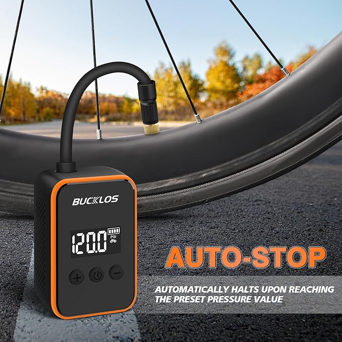 BUCKLOS Mini Electric Bike Pump with LED Display, 150PSI Portable Tire Inflator, Type-C Rechargeable Air Pump with 2000mAh Battery, Presta & Schrader Valves, for Road, Mountain Bicycle and E-Bikes