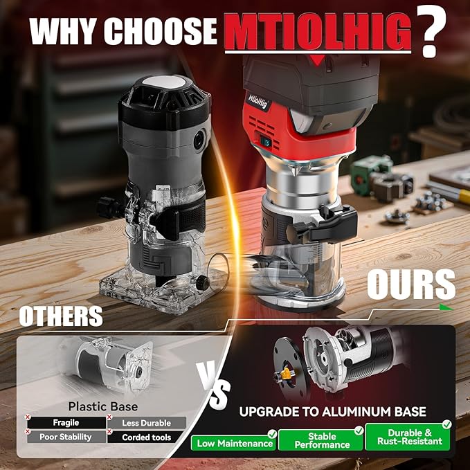 Cordless Compact Router Compatible with Milwaukee Battery, 6 Variable Speeds Router Tool for Woodworking, 800W Fixed Base Wood Router with Trim Router Bits, Bare Tool