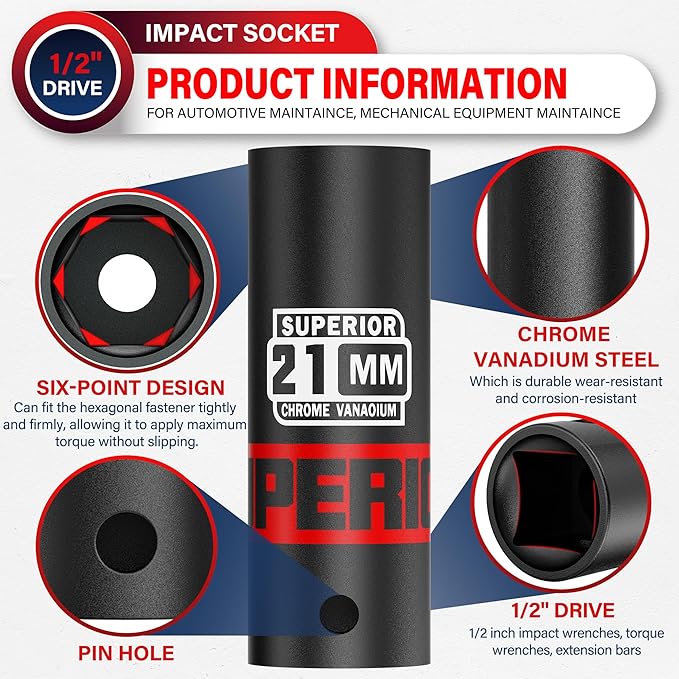 1/2" Drive Impact Socket, 21 mm Deep Socket, Metric, 6 Point, CR-V, for Automotive Maintaince, Mechanical Equipment Maintaince