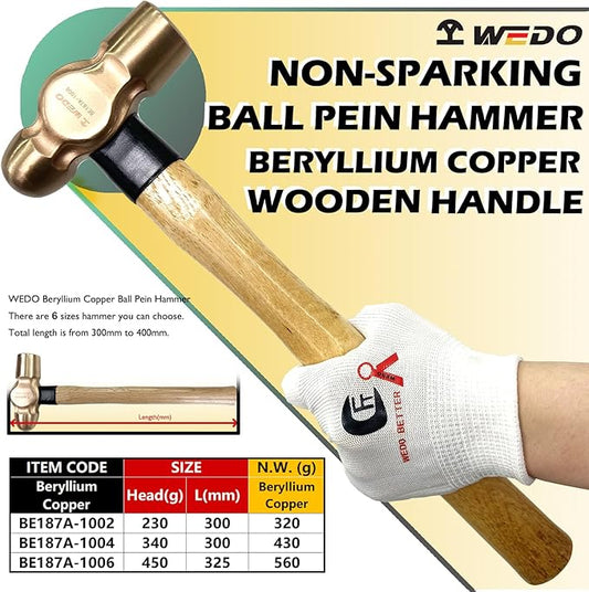 WEDO 3PCS Ball Pein Hammer,1/2lb+3/4lb+1lb Non-Sparking Ball Peen Hammer with Wooden Handle, Beryllium Copper,Non-Magnetic,Die-forged,Corrosion Resistant,BAM & FM Certificate,DIN Standard