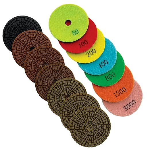5" Wet Diamond Polishing Pads Set (50, 100, 200, 400, 800, 1500, 3000 Grit) - Dark Resin for Granite, Marble, Quartz, Engineered Stone