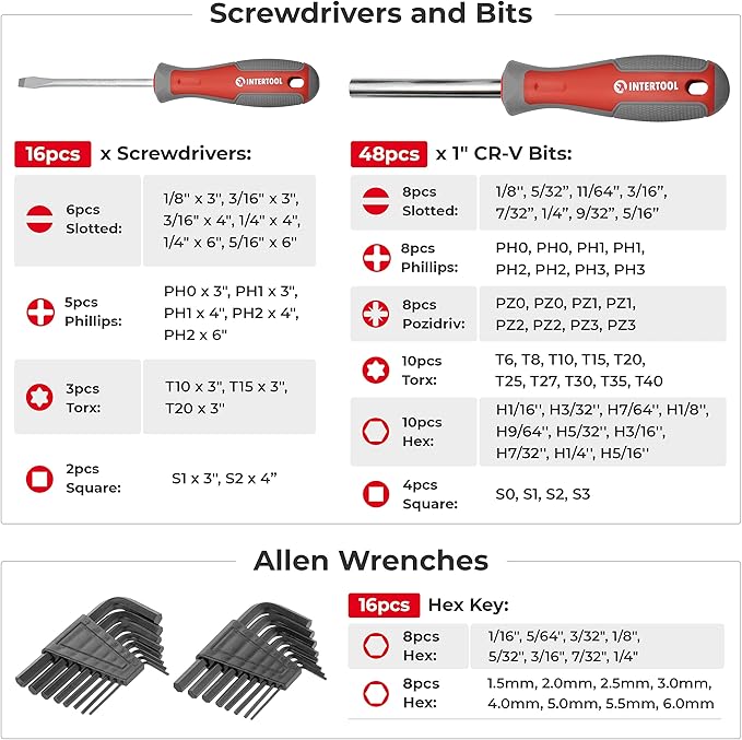 INTERTOOL 114-Piece Screwdriver Set with Mountable Rack, Magnetic Tips, Swivel-End Precision Screwdrivers, Bits, Nut Drivers, Hex Keys, DIY, Tool Gift VT08-3372