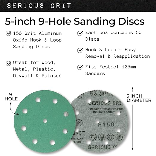 Serious Grit - 5-Inch 9-Hole 150 Grit Sanding Discs - Heavy-Duty Hook & Loop Film Discs - Sandpaper for Random Orbital Sanders - 50 Pack Box
