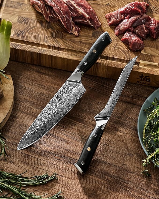 KYOKU Knife Set, Shogun Gin Series 2pc Japanese Style Kitchen Knife Set, 7" Boning 8" Chef Knife with Silver Ion Blade Sheath Gift Box, Sharp Damascus Stainless Steel Knives for Meat Vegetable