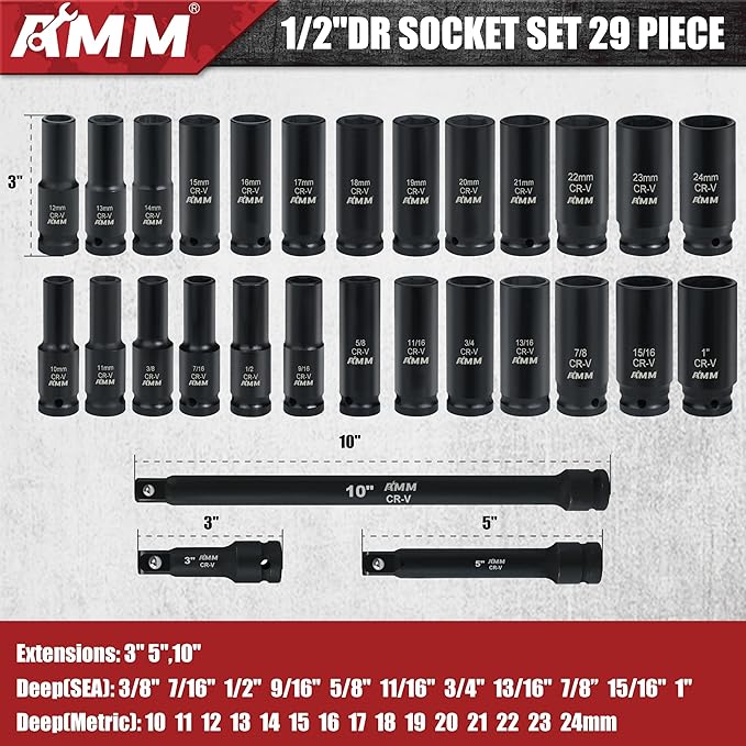 AMM 29PCS 1/2" Drive Impact Socket Set, 1/2" Deep Socket Set with Extension Bar, Cr-V Steel, 6 Point, SAE (3/8 "- 1") and Metric (10mm-24mm)