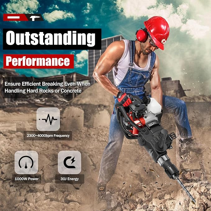 Gas Demolition Jack Hammer 33CC 2 Stroke Gasoline Concrete Breaker Punch Drill Breaker 4000BPM, Hammering Slotting Drilling Crushing 4 Functions, with 3 Drills & 2 Point Flat Chisels Set (33CC 1000W)