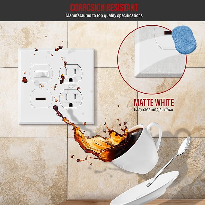 ENERLITES Double Duplex Receptacle Metal Wall Plate, Outlet Cover, Corrosion Resistant, Standard Size 2-Gang 4.50" x 4.57", Powder Coated Stamped Steel, 7722-WM, White Matte