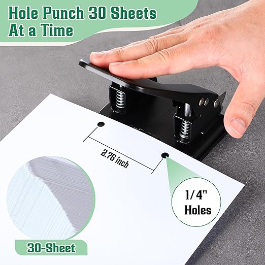 Dreyoo 2 Hole Punch with 100 Prong Paper Fasteners, Heavy Duty Two Hole Paper Puncher for File Folder and Metal File Fasteners Combo Set, 30 Sheet Capacity, Padded Handle(Self Adhesive)