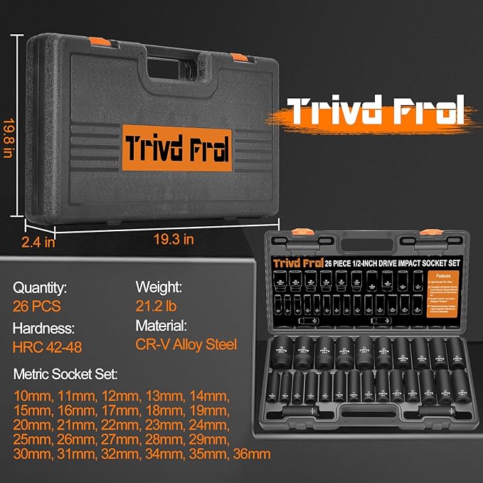 Metric Impact Socket Set 1/2" Drive - Trivd Frol 26 Piece Deep Impact Socket Set 1/2" Drive, Metric Socket Set 10mm to 36mm Large Socket Set, Impact Driver Socket Set, Cr-V Steel, Double Lock Case