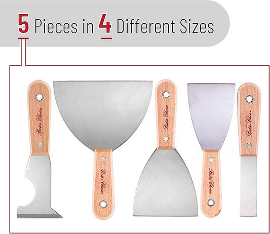 Bates- Paint Scraper, 5 Pc Scraper Tool, Putty Knife Set, Putty Knife, Painting Tools, 5 in 1 Tool, Spackle Knife, Wallpaper Scraper, Painters Tool, Crown Molding Tool, Paint Remover for Wood, Scraper