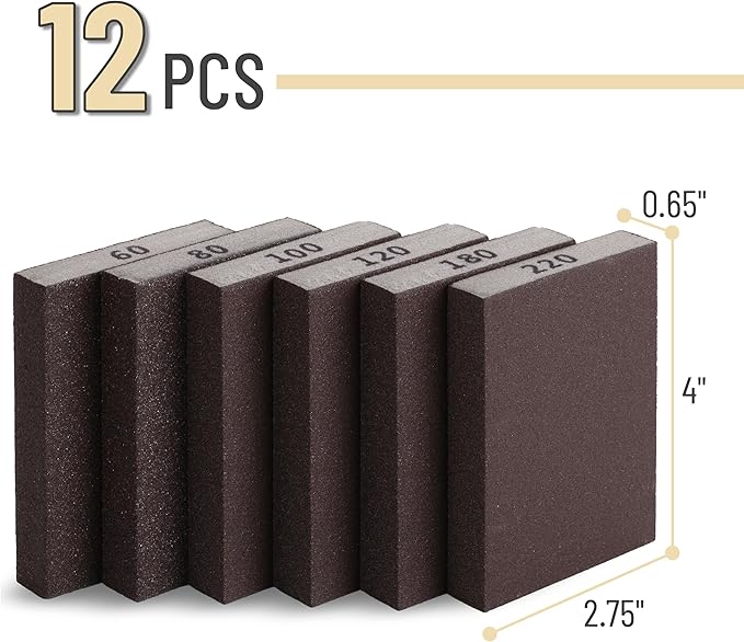 Bates- Sanding Sponge, 12 pcs, 60/80/100/120/180/220 Grit Assortment, Washable and Reusable, Sandpaper Block, Sanding Blocks for Wood, Sanding Pad, Drywall Sanding Block, Drywall Sanding Sponge