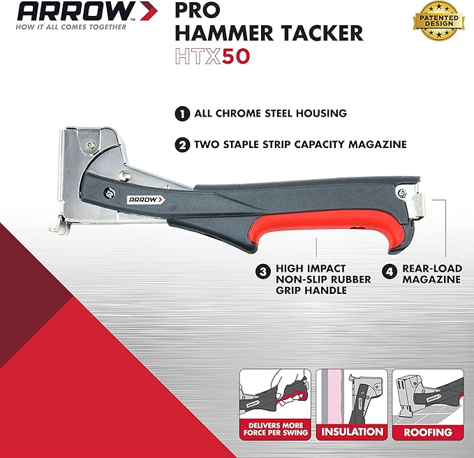 Arrow HTX50 Professional Heavy Duty Hammer Tacker, Manual Stapler for Construction and Insulation, Ergonomic Grip Handle, Dual-Capacity Rear-Load Magazine, Fits 5/16?? 3/8", or 1/2" Staples , Grey