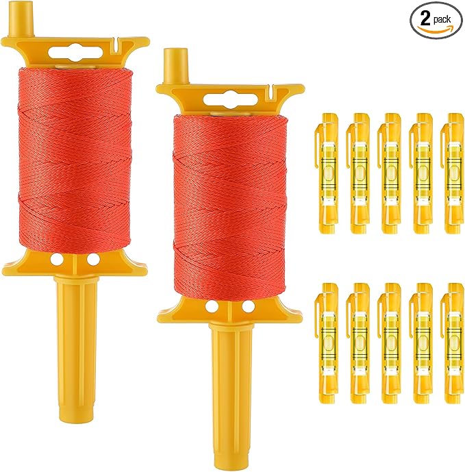 2 Pack Mason String Line Reel for Construction, Twisted 540 FT #18 Braided Nylon String with 10 Mason Line Level, High Visibility Braided Nylon Twine for Masonry Tools, Gardening, DIY(Orange)