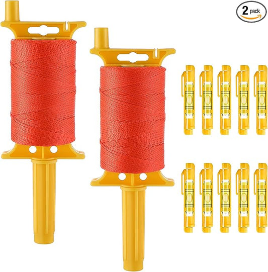 2 Pack Mason String Line Reel for Construction, Twisted 540 FT #18 Braided Nylon String with 10 Mason Line Level, High Visibility Braided Nylon Twine for Masonry Tools, Gardening, DIY(Orange)