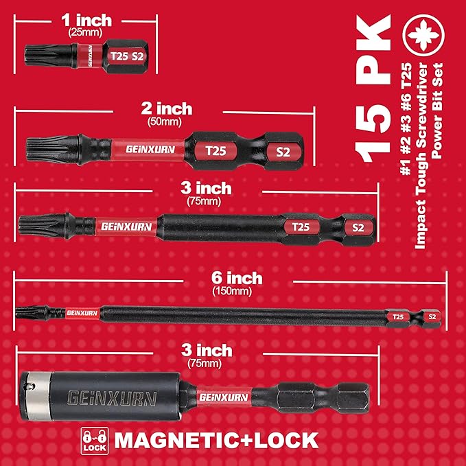 T25 mpact Tough Magnetic #25 Torx Head Power Bits, 15Pieces S2 Alloy Steel T25 Screwdriver Bits Set with Impact Magnetic Bit Holder