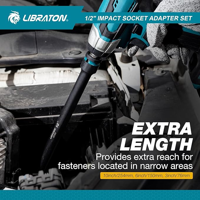 LIBRATON 1/2" Impact Socket Adapter Set 7PCS, Impact Socket Adapter Extensions 3" 6" 10", Socket Adapter Reducers, Swivel Socket, Impact to 1/4 Hex Converter, for Automotive Repair, XPE Foam