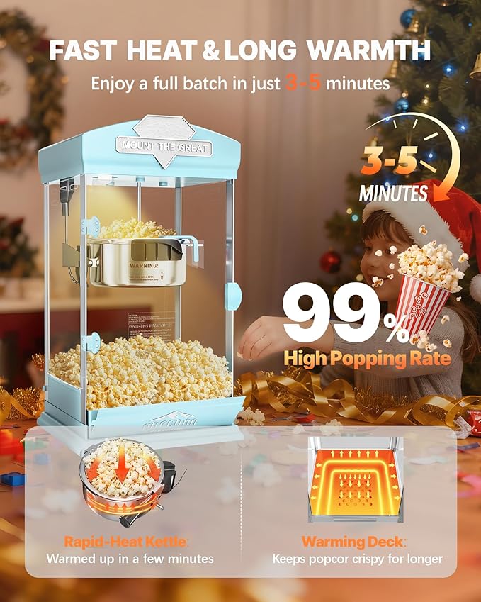 8 Oz Popcorn Machine, Tabletop Popcorn Maker, Countertop Pop Corn Machine Makes Up to 32 Cups, Movie Theater Popcorn Popper Machine with Stainless-Steel Kettle for Home Family, 300 W, Cyan