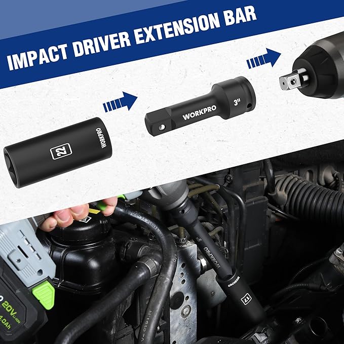 WORKPRO 1/2??Drive Impact Socket Set, 65PCS SAE(3/8??1-1/4?? and Metric(10-24mm) Deep & Shallow Kit, Ratchet Handle, Extension Bar, Impact Universal Joint and Adapters for Automotive Repair