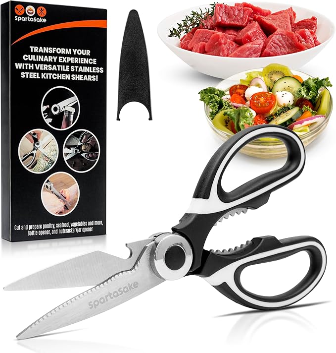 SpartaSake Kitchen Scissors All Purpose Heavy Duty -Stainless Steel Ultra Sharp kitchen shears for food- Cooking poultry Shears for kitchen (Black-White)