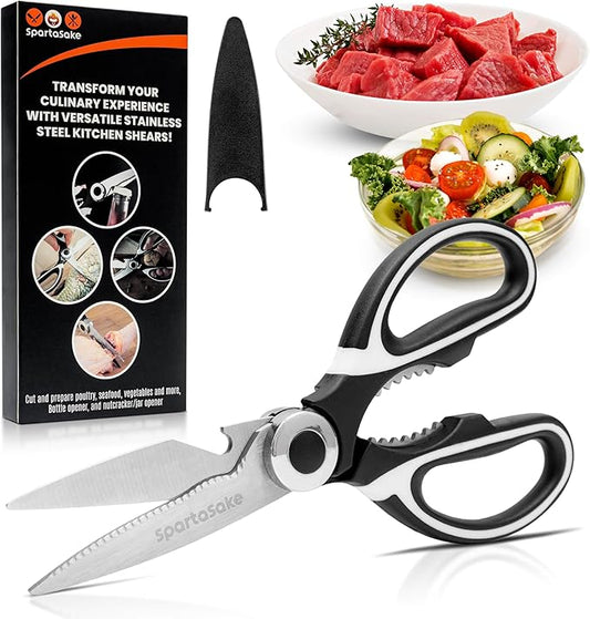 SpartaSake Kitchen Scissors All Purpose Heavy Duty -Stainless Steel Ultra Sharp kitchen shears for food- Cooking poultry Shears for kitchen (Black-White)