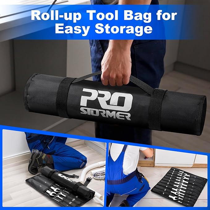 Prostormer Ratcheting Combination Wrench Set, 20-Piece SAE & Metric Wrench Kit with Pouch, 72-Tooth, Cr-V Steel, 10Pcs Flex-Head 1/4" to 3/4" & 10Pcs Fixed Head 6-18mm