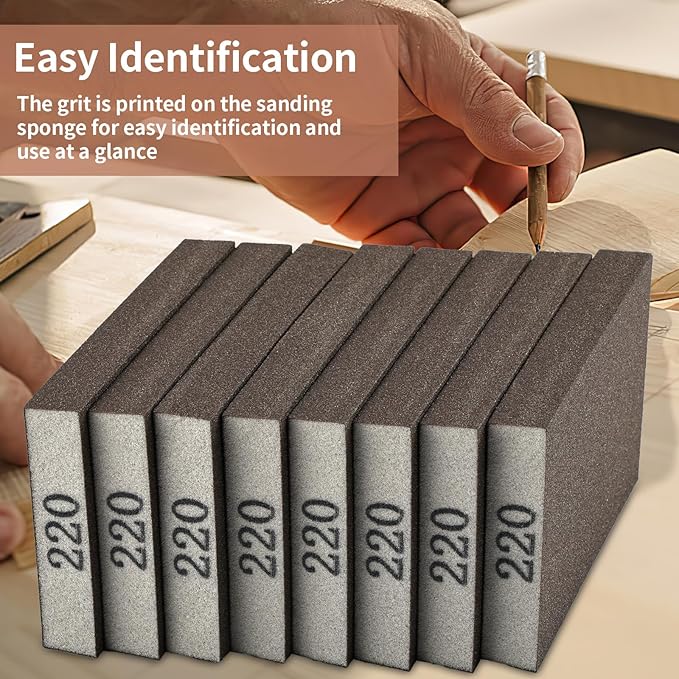 8 Pack Sanding Sponge, Sanding Blocks 220 Grit, Sand Paper for Wood Furniture, Sander Pads, Washable and Reusable Sandpaper for Drywall Metal Glasses Repair (220 Grit)
