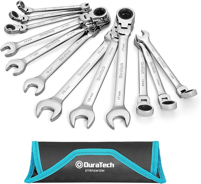 DURATECH Flex-Head Ratcheting Wrench Set, Combination Wrench Set, 72 Tooth, Metric, 12-piece, Size Covers 8-19mm, CR-V Steel, with Rolling Pouch