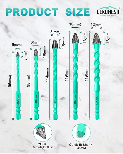 5PCS Nine Blades Serrated Carbide Masonry Drill Bit Set - 3/16",1/4",5/16",3/8",1/2" Wood Drill Bits for Wood Plastic Masonry Brick Tile Glass Concrete Marble